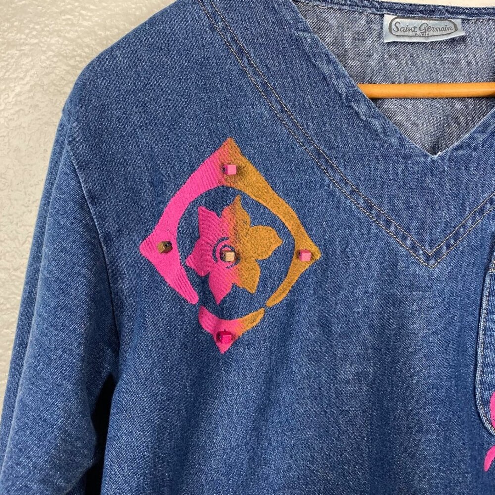 Vintage Saint Germain Paris Top Blue Size XL Denim Hand Painted Boho Art to Wear - Picture 5 of 14